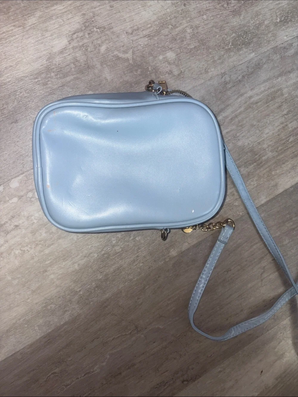 Heart-Quilted Light Blue Crossbody Bag with Gold Accent
